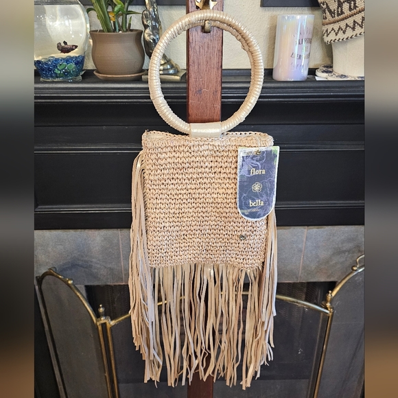 REVOLVE Handbags - Sold Floral Bella Tan gold Woven Suede Fringe Handbag Purse